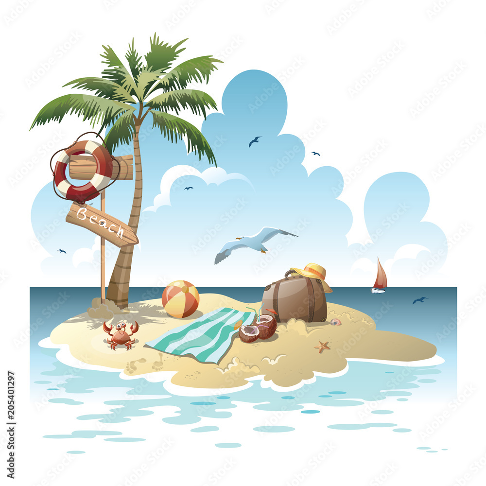 Cartoon island in the sea with luggage. Illustration for a travel company. Summer  vacation at the sea. Illustration of a sandy wild beach with palm trees.  Vacation. Drawing for children. Stock Vector |