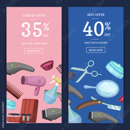Vector vertical web banners, card or flyer with hairdresser or barber cartoon elements illustration