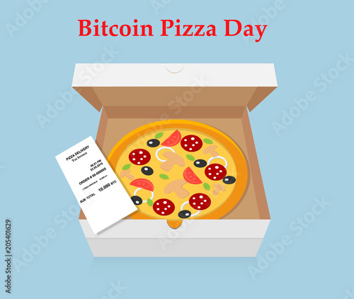 Vector illustration with pizza and bitcoin. May 22  Bitcoin Pizza Day. Worldwide Cryptocommunity holiday.  