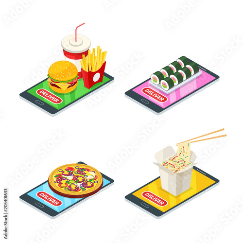 Food delivery and online order, vector 3d isometric icons set. Pizza, hamburger, sushi and noodles on phone screen.