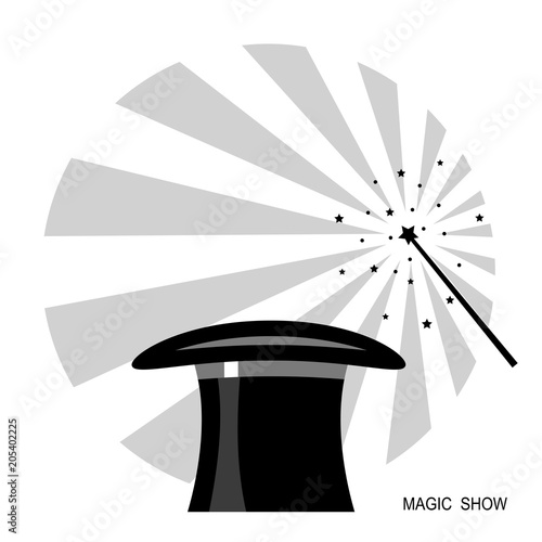 Magic hat and magic wand.Vector black white label