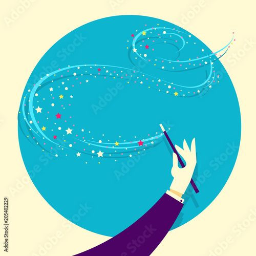 Magician hand and Magic wand on white background illustration.