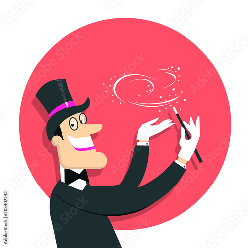Magician doing a trick with Magic wand.Vector background illustration isolated on white.
