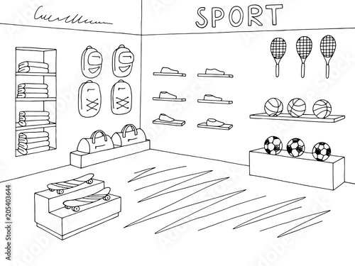 Sport shop store graphic interior black white sketch illustration vector