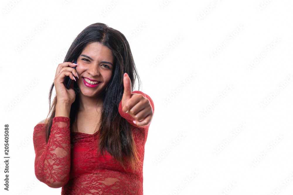 Happy woman during conversation on mobile phone Happy woman during conversation on mobile phone