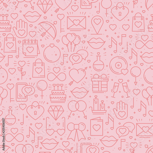 Seamless pattern with love symbols in line style. Valentines day. Love heart couple relationship dating wedding romantic amour theme. Vector illustration. Background.