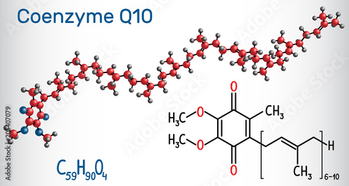Coenzyme Q10 (ubiquinone, ubidecarenone, coenzyme Q, CoQ10) molecule. It is cofactor  with antioxidant properties. Structural chemical formula and molecule model photo