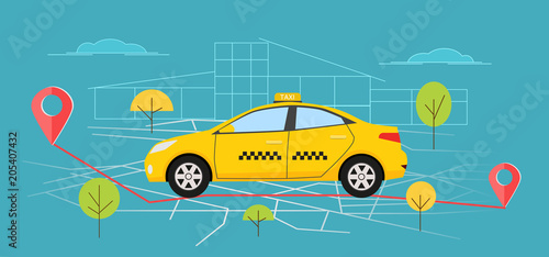 Taxi service concept, taxi follow path on the map, flat illustration vector