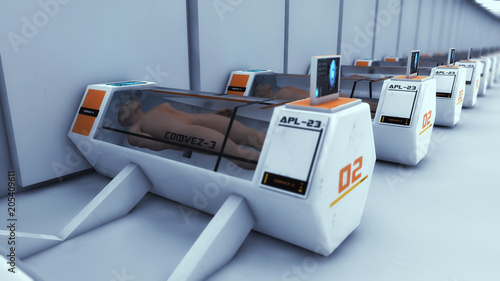 Canvas Print 3D Humanoid Clones in futuristic capsules