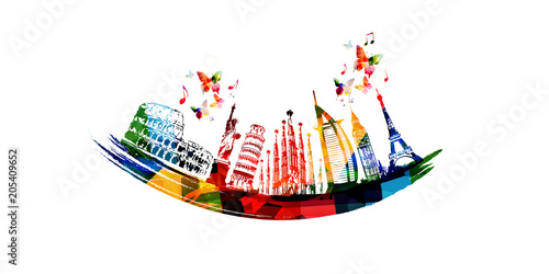World skyline, famous world landmarks vector illustration design. Travel and tourism background. Colorful turistic landmarks. Around the world famous monuments