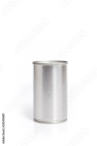 A tin food can on a white background