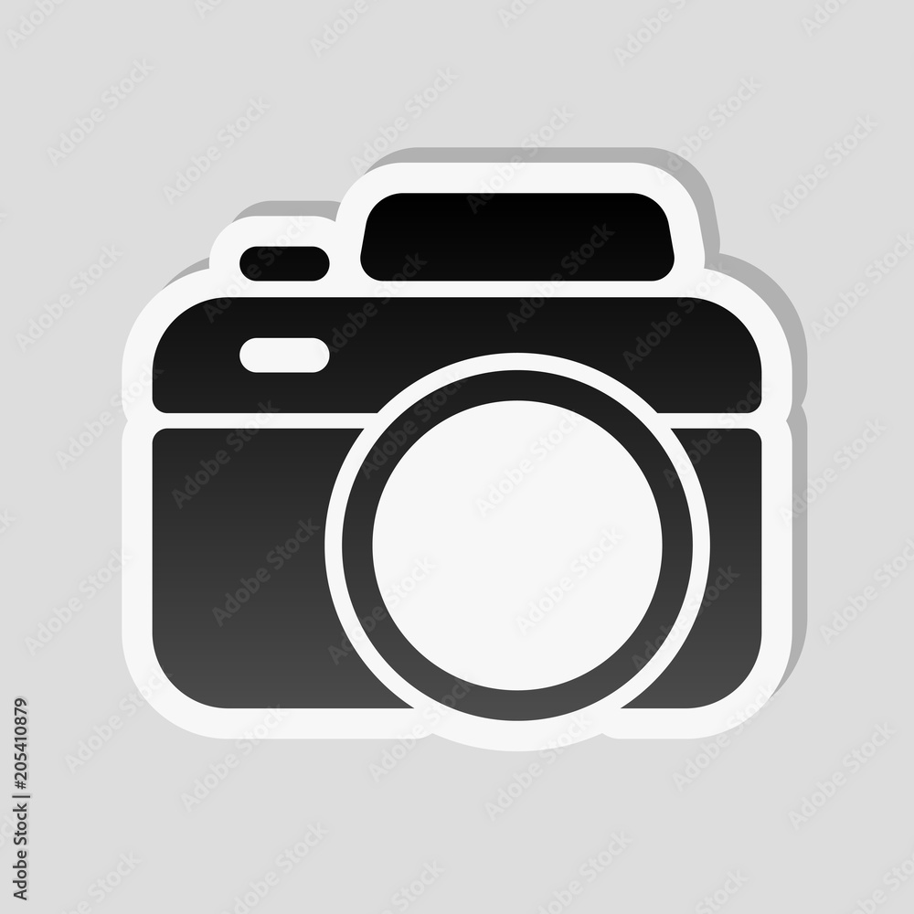 Photo camera, simple icon. Sticker style with white border and s Photo camera, simple icon. Sticker style with white border and s