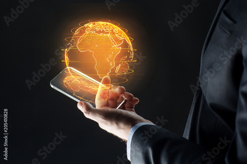 Bild auf Leinwand business, globalization and future technology concept - close up of businessman