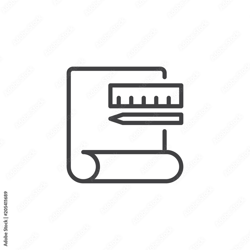 Drawing tools outline icon. linear style sign for mobile concept and web design. Scroll paper pencil and ruler simple line vector icon. Symbol, logo illustration. Pixel perfect vector graphics