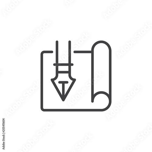 Scroll paper with fountain pen outline icon. linear style sign for mobile concept and web design. Planning simple line vector icon. Symbol, logo illustration. Pixel perfect vector graphics