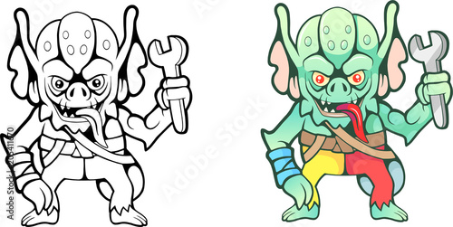 cartoon funny gremlin with a wrench in his hand