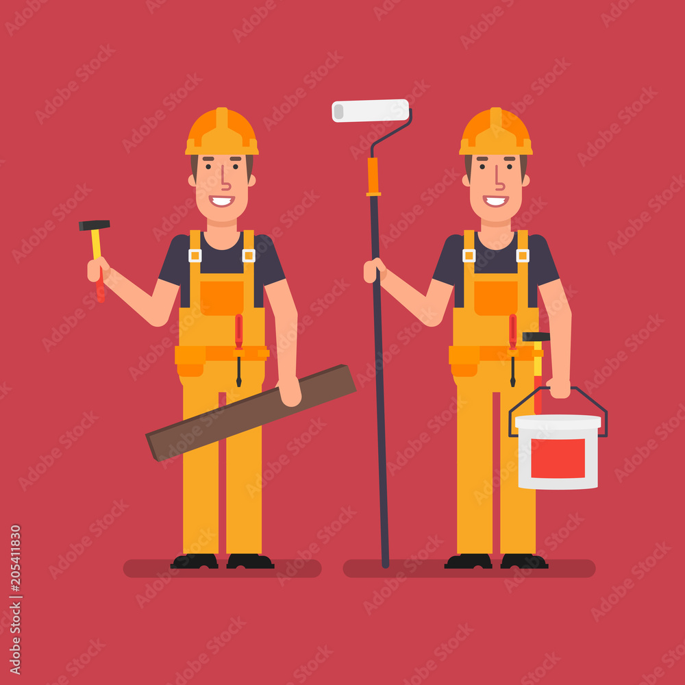 Builder holds hammer wooden board roller paint bucket and smiles