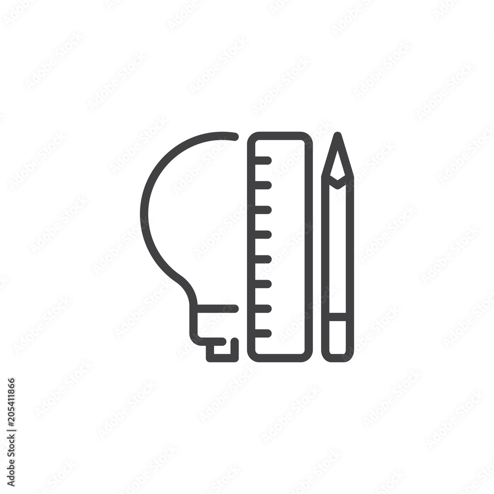 Lightbulb with pencil and ruler outline icon. linear style sign for mobile concept and web design. Design idea simple line vector icon. Symbol, logo illustration. Pixel perfect vector graphics