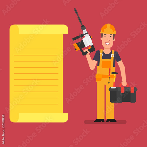 Builder stands near paper list holds perforator and suitcase with tool