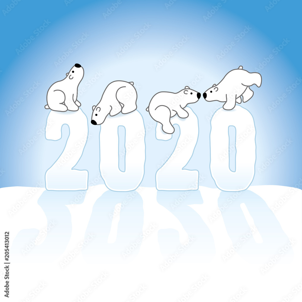 Four Polar Bears Balancing on Frozen Year 2020 on Snow Four Polar Bears Balancing on Frozen Year 2020 on Snow