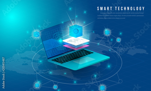 Concept of big data processing, energy station of future, data center, Cryptocurrency and blockchain isometric composition Smart object and smart technology design. for working on blockchain start up.