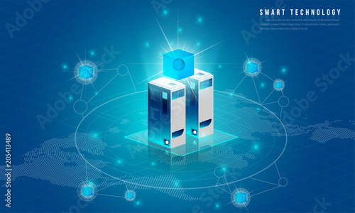 Concept of big data processing, energy station of future, data center, Cryptocurrency and blockchain isometric composition Smart object and smart technology design. for working on blockchain start up.