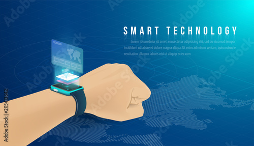 Smart technology and Cryptocurrency and blockchain Isometric Concept. modern technology with Mobile Phone and smart watch. analysts and managers working on blockchain start up