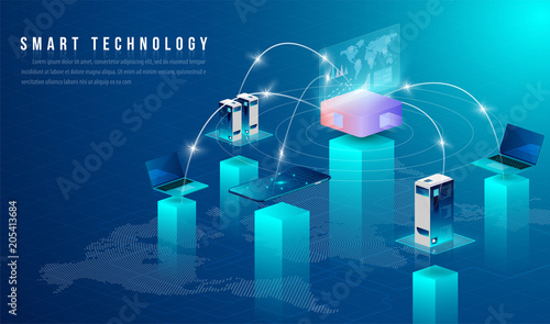 Concept of big data processing, energy station of future, data center, Cryptocurrency and blockchain isometric composition Smart object and smart technology design. for working on blockchain start up.
