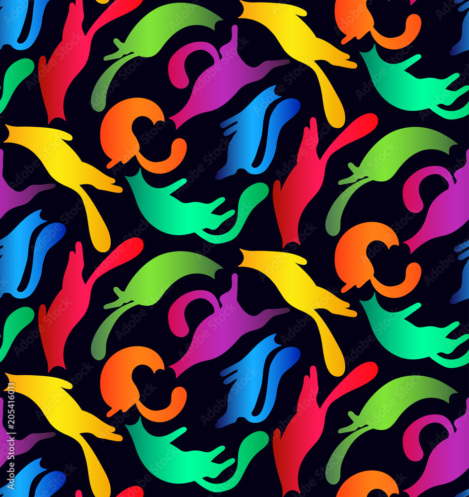 Naklejka premium Cats silhouettes colorful seamless vector pattern