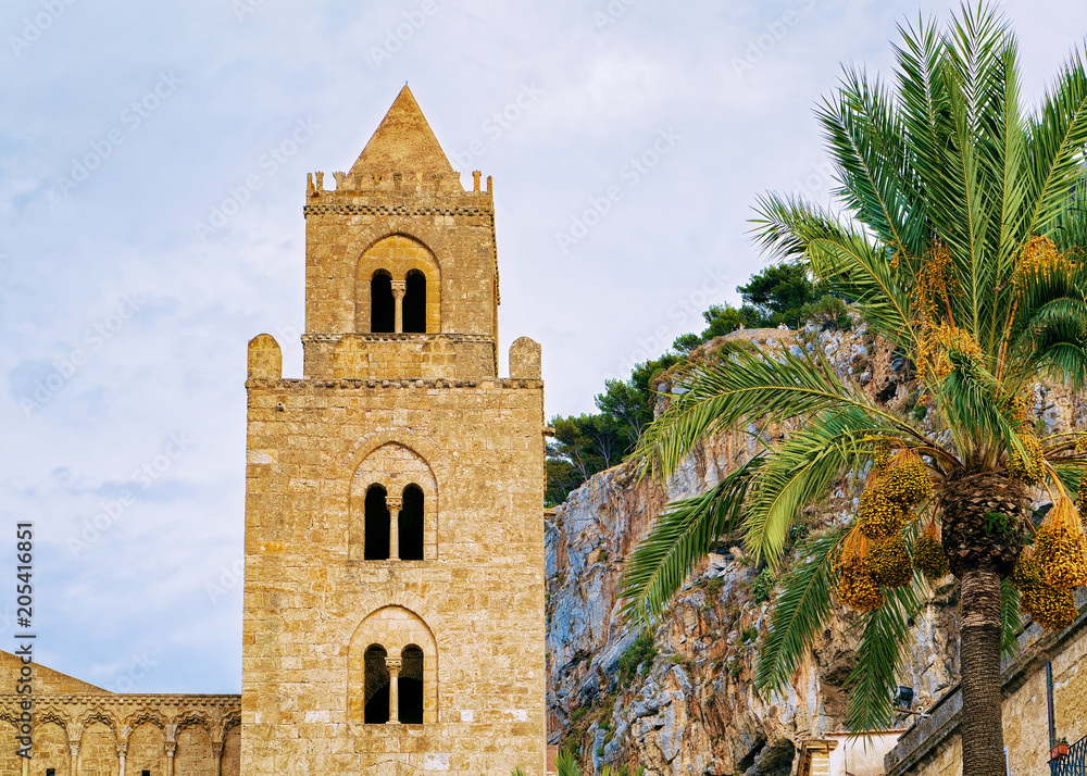 Tower of Cathedral of Cefalu in old town Sicily