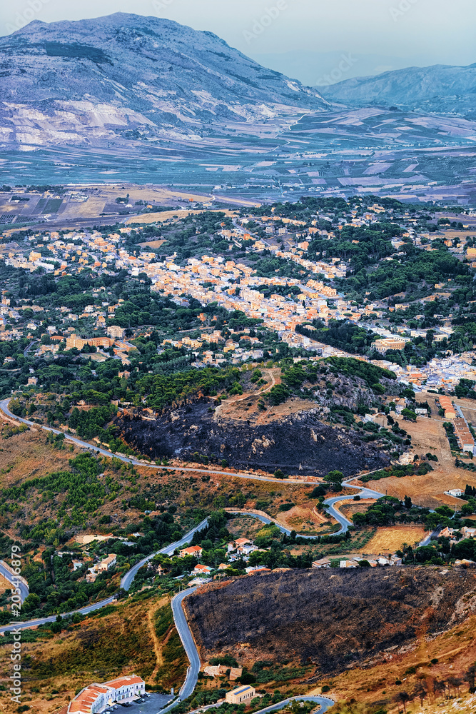 Panoramic view with Trapani city in Erice Sicily Italy