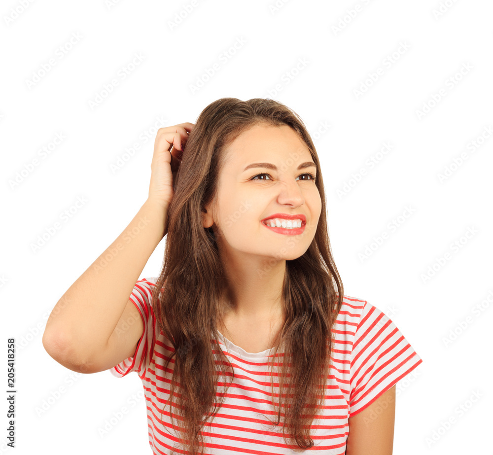 happy woman thinks and scrape the hair. emotional girl isolated on white background happy woman thinks and scrape the hair. emotional girl isolated on white background