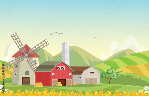 illustration of Mountain countryside with red farm barn