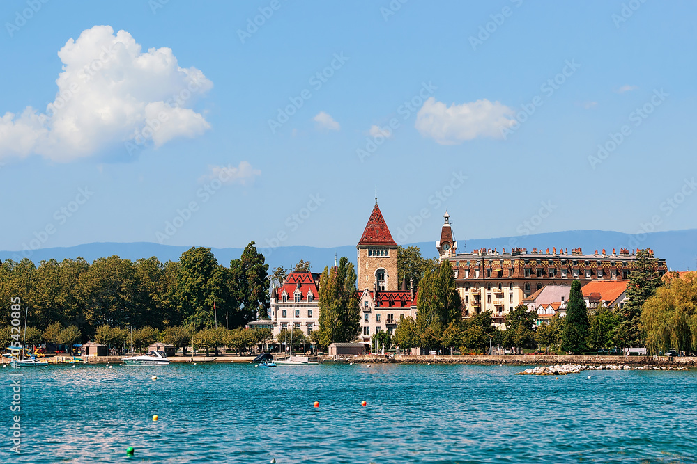 Chateau Ouchy and Lake Geneva quay Lausanne