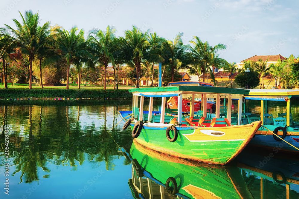 Boats at Embankment of Thu Bon River Hoi An