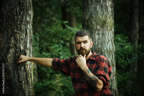 Thoughtful bearded man in lumberjack shirt with tattoo on his arm wandering in forest. Lone hiker exploring wonders of nature, environment concept