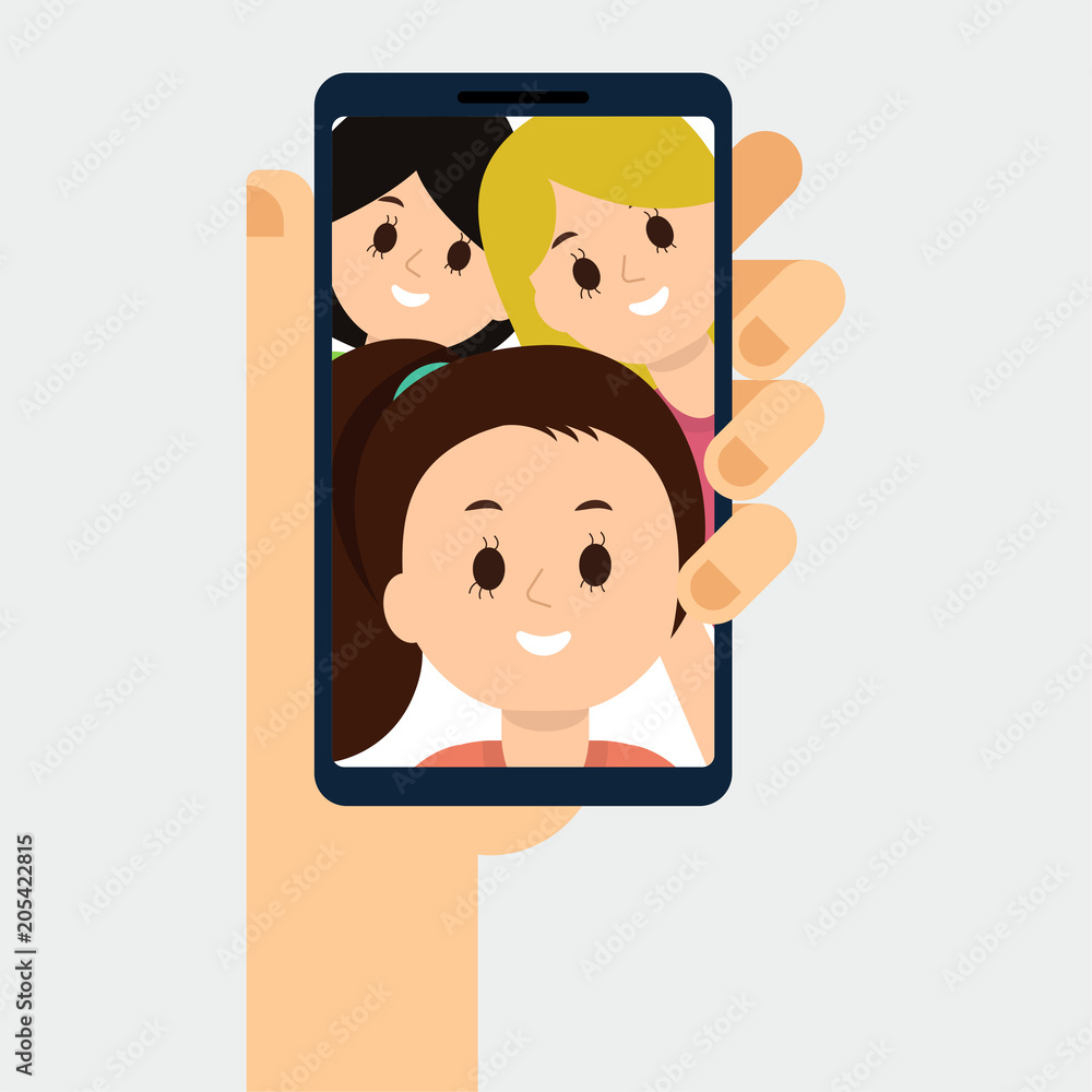 Flat illustration of video call with friends, family. Smartphone in the hand Flat illustration of video call with friends, family. Smartphone in the hand