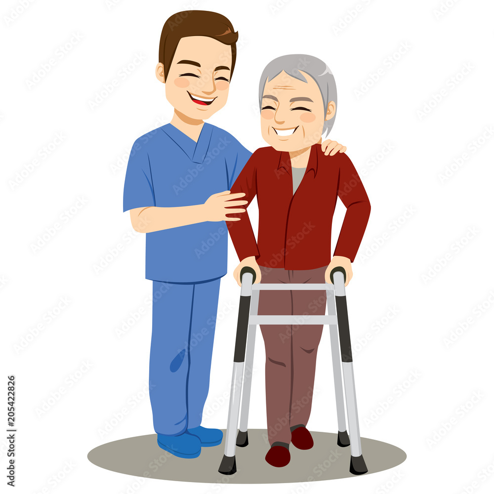 Young male nurse helping senior man using helper walker walking Young male nurse helping senior man using helper walker walking