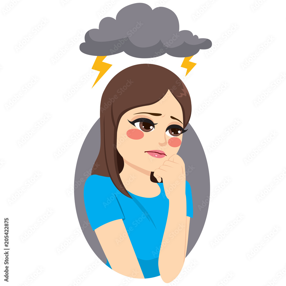 Depressed sad girl with dark cloud and thunders over head sadness concept  Stock Vector | Adobe Stock