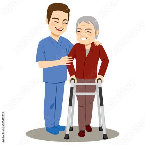 Young male nurse helping senior man using helper walker walking