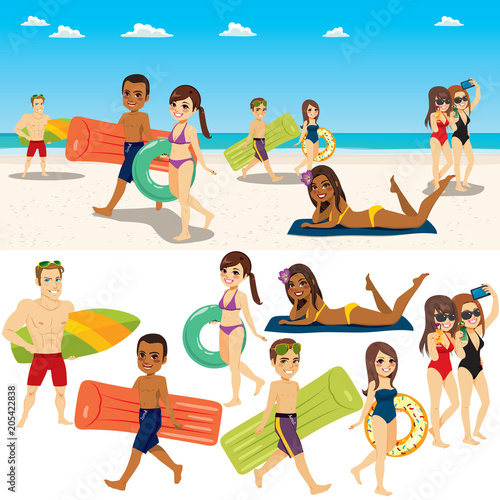 Summer beach people collection with sea background composition and isolated characters