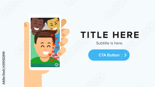 Vector site banner template with phone in the hand. Video call. Landing, home vector page template.