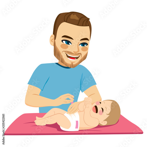 Young father changing diaper cute happy cheerful baby child 