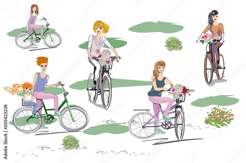Obraz premium Beatiful fashion women on the bicycle with flowers. Hand drawn vector illustration.