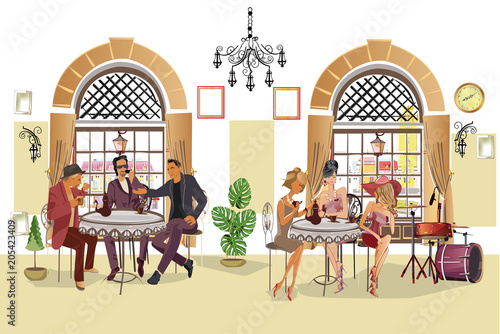 Series of people drinking coffee inside romantic café, jazz musicians, waiters serve the tables. Hand drawn illustrations.