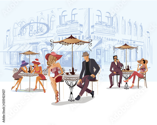 Series of the street cafes with people, men and women, in the old city, vector illustration. Waiters serve the tables. 
