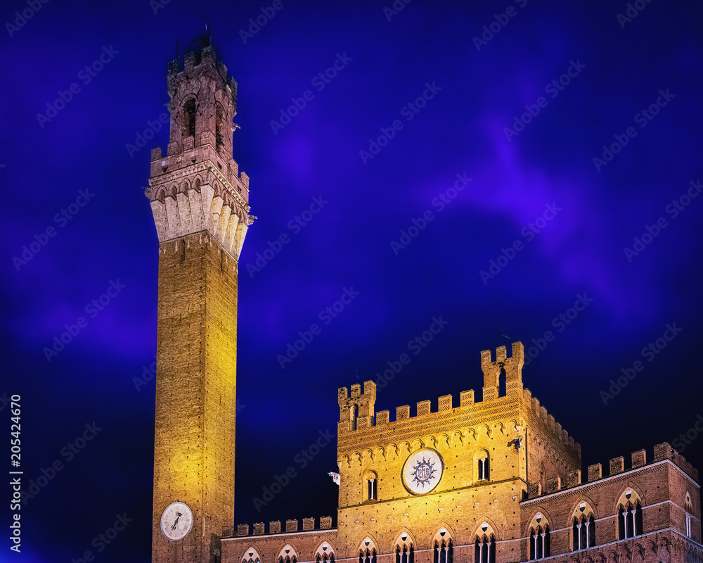 Torre del Magnia Tower on Piazza Campo Square Siena night