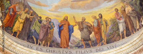 REGGIO EMILIA, ITALY - APRIL 13, 2018: The fresco of Jesus and the apostles in main apse of church Chiesa di San Pietro by Anselmo Govi (1939).