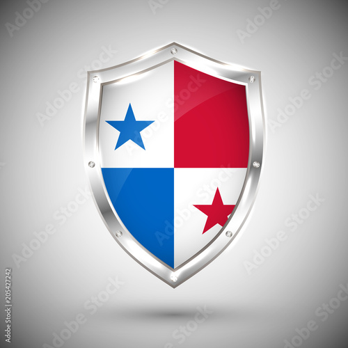 Free Download Panama flag on metal shiny shield vector illustration. Collection of flags on shield against white background. Abstract isolated object - GFXLoad