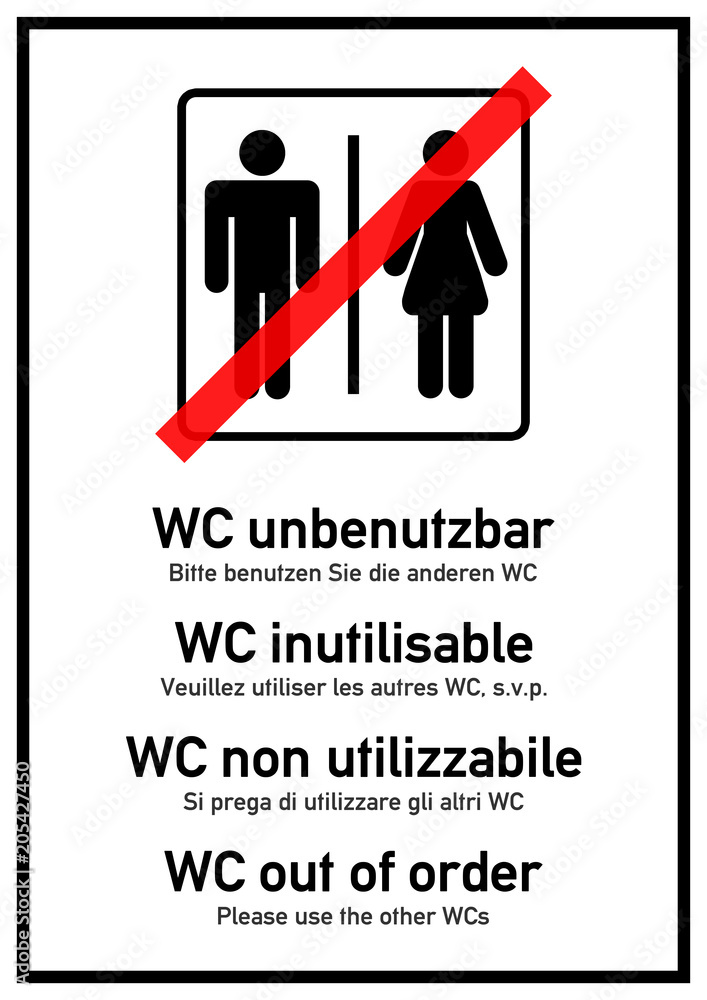 ks304 Kombi-Schild - Deutsch: WC unbenutzbar - Toilettenschild -  mehrsprachig - door plate, français: WC inutilisable, Italiano: WC non